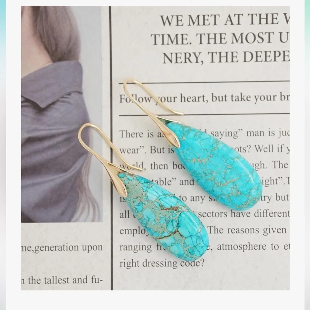 🆕 Natural Healing Stone Fishhoop Dangle Drop Earrings Statement - Picture 7 of 7